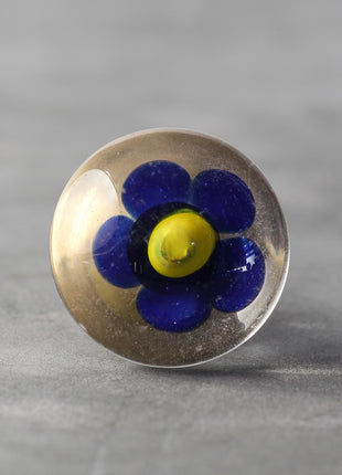 Clear Glass Drawer Cabinet Knob With Blue And Yellow Flower