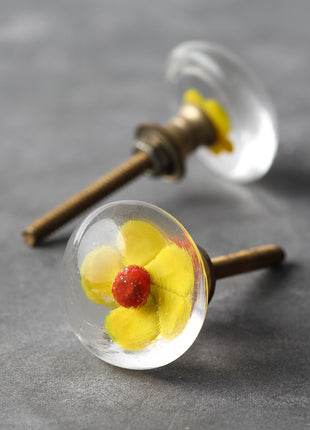Clear Glass Kitchen Cabinet Knob With Red And Yellow Flower