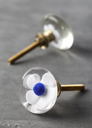Clear Glass Kitchen Cabinet Knob With White And Blue Flower