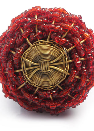 Red Glass Beads and Golden Metal Wire Weaved Cabinet Knob (Large)