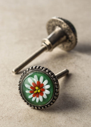Green, White, Red and Yellow Flower Glass Knob on a Metal Base