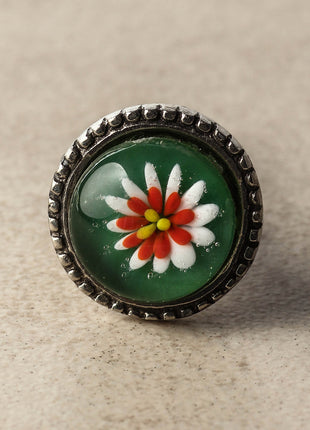 Green, White, Red and Yellow Flower Glass Knob on a Metal Base