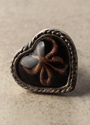 Brown Flower on a Black Heart Shaped Glass Knob on a Metal Base