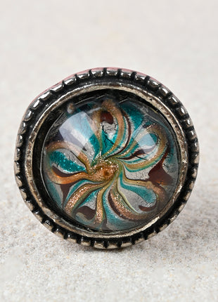 Golden, Turquoise and Dark Red Glass Knob on a Antique Silver Metal Base