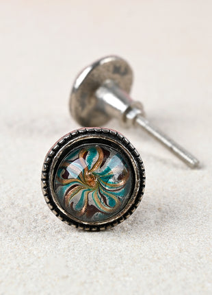 Golden, Turquoise and Dark Red Glass Knob on a Antique Silver Metal Base