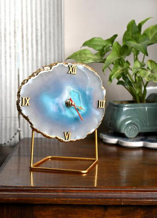 Natural Handmade Agate Stone Desk Clock with Metal Stand, Office Decor, Home Office Clock,Boho Decor,Rock Enthusiast Gift,Geologist Gift