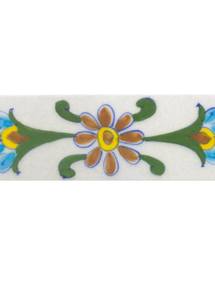 Turquoise,Yellow,Brown flower and Green leaf with White base Tile