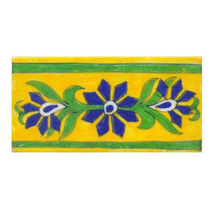 Blue flower with green leaves on two green line yellow tile (3x6-bpt03)