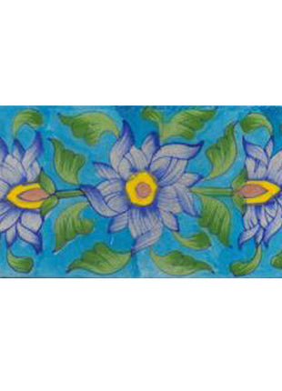 Three blue,yellow,brown and lime green leaves with turqouise tile
