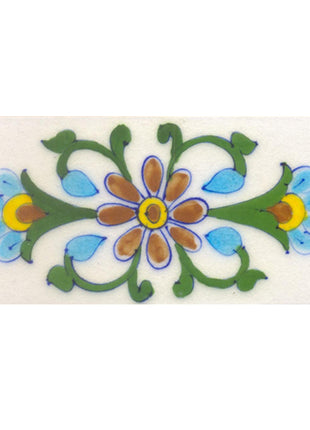 Turquoise,Yellow,Brown flower and Green leaf with White base Tile