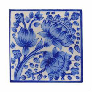 Blue flower and leaves with white tile