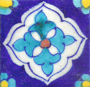 Turquoise and White Pattern On Blue Base Tile