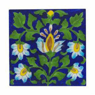 Turqouise,yellow,brown flower and green leaves with blue tile