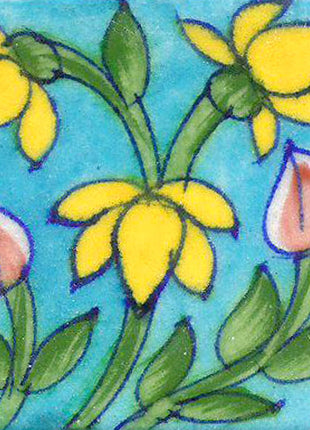 Yellow Flowers With Green Leaves On Turquoise Base Tile