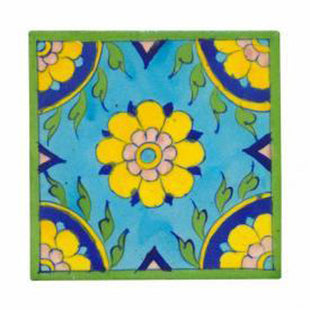 Yellow,pink flower and turqouise tile