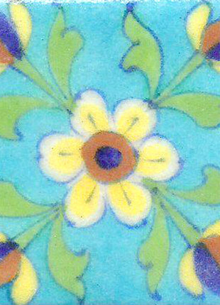 Yellow Flowers With Green Leaves On Turquoise Base Tile