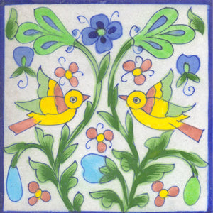 Yellow,lime green and brown Bird and white tile