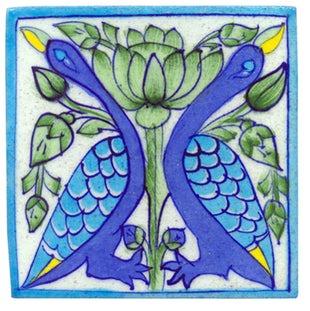 Turqouise and blue two peacock and lime green leaves with white tile