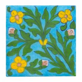 Turquoise tile small yellow flowers and big green leaves (4x4-bpt13)