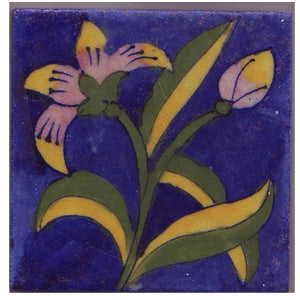Pink and yellow flower and leaves with blue tile