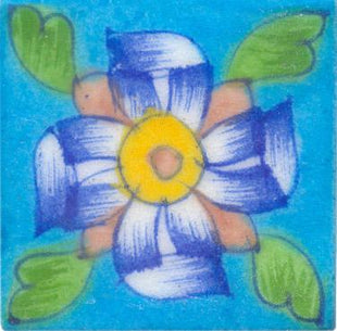 Blue and green flower on turquoise tile