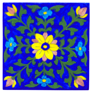 Yellow,brown flower and green leaves with blue tile