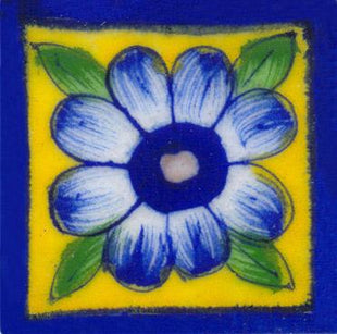 Blue bordered yellow tile wih blue flower