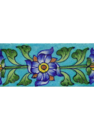 Blue Flowers With Green Leaves Design On Turquoise base Tile
