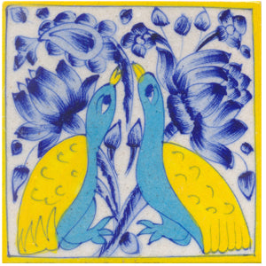 Turqouise and yellow peacock and lime blue flower with white tile