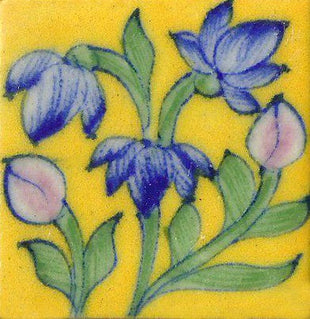 Blue Flowers With Green Leaves On Yellow Base Tile