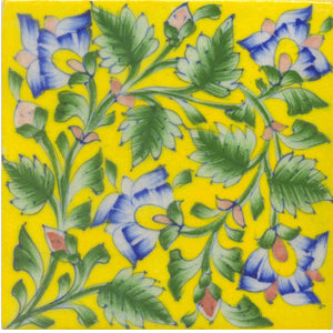 Lime blue flower and lime green leaves with yellow tile