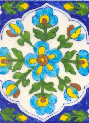 Turqouise,yellow and brown flower's and green leaves with white tile.