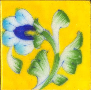 Yellow tile with turquoise flower and green leaves 2x2 inch