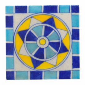 Yellow round pattern with blue & turquoise on bordered tile 4x4