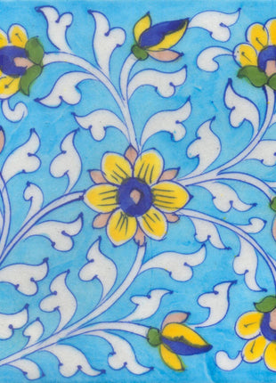 Yellow and Blue Flowers and White leaf with Turquoise Base Tile