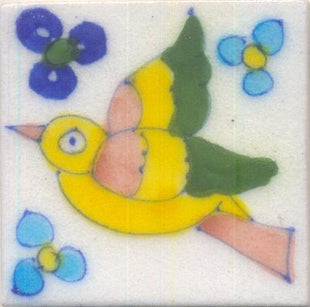 Yellow,Pink and Green Bird and Turquoise and Blue Flowerd with White Base Tile
