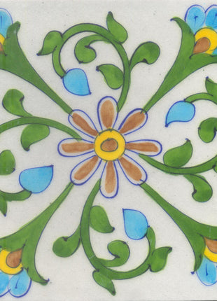 Turquoise,Yellow and REd Flowers and Green leaf with White Base Tile