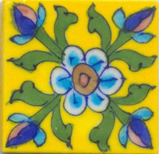 Blue,Brown,Turquoise Flower with Yellow Base Tile
