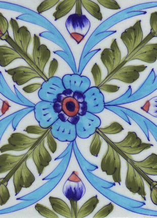 Lime Green Leafs and Turquoise,Brown,Blue Flowers with White Base Tile