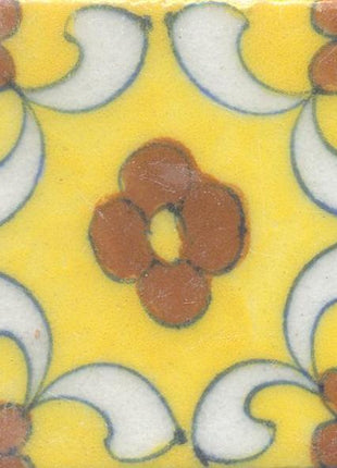 Brown Flowers With White Leaves On Yellow Base Tile