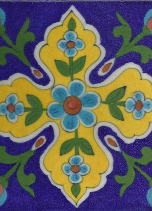 Blue and Yellow Base with Green leaves Turquoise Flower tile