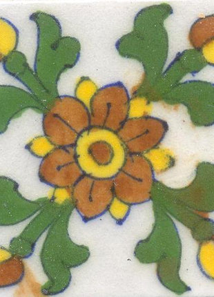 Red and Yellow Flowers With Green Leaves On White Base Tile