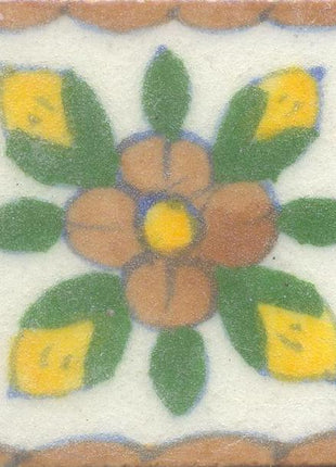 Brown Flower With Green Leaves On White Base Tile