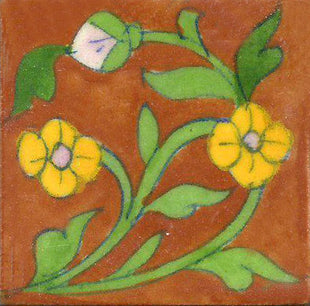 Yellow Flowers With Green Leaves On Brown Base Tile