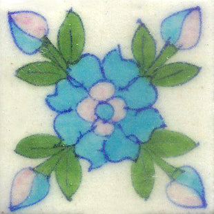 Turquoise Flowers WIth Green Leaves On White Base Tile