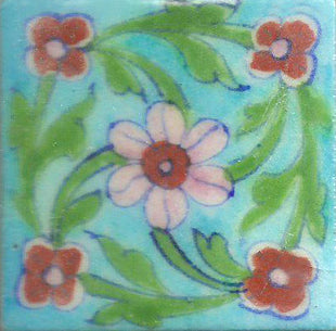 Handpainted Kitchen Green Leaves On Turquoise Base Tile