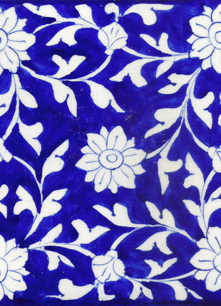 White Flowers With Leaves On Blue Base Tile