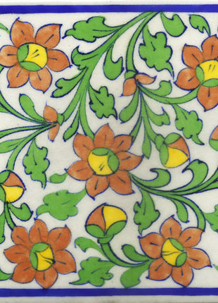 Orange Flowers With Green Leaves On White Base Tile and Blue Border