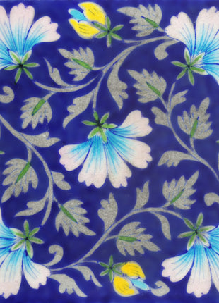 Turquoise Flowers and Green Leaves On Blue Base Tile