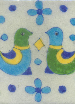 Handpainted Two Cute Little Bird Blue Pottery Wall Tile